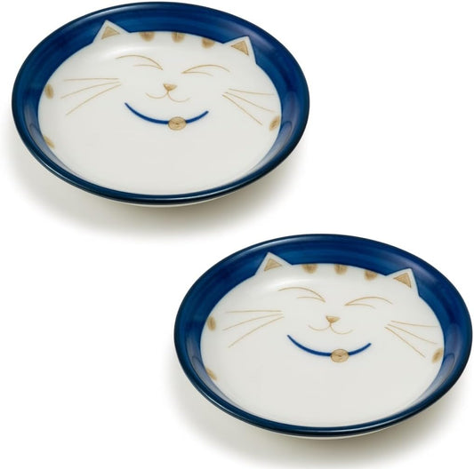 JapanBargain 2566, Set of 2 Japanese Porcelain Dipping Sauce Dishes for Appetizer Dessert Cake Snack with Maneki Neko Smiling Lucky Cat Pattern for Cat Lovers, Made in Japan, 4.75-inch, Blue