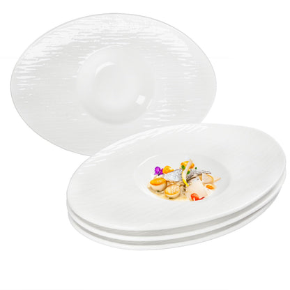 Soup Plates Fine Soup bowls Set of 4, 10.5 Inch Ceramics Oval Rimmed Small Mouth Pasta Plates, for high end restaurants and best choice for gourmets, Modern and stylish tableware