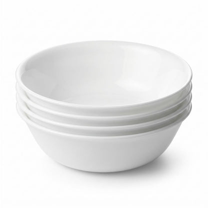 Corelle 4-Pc Meal Bowls Set Service for 4, Durable and Eco-Friendly 9-1/4-Inch Glass Bowls, Compact Stack Bowl Set, Microwave and Dishwasher Safe, White, 46 Ounces