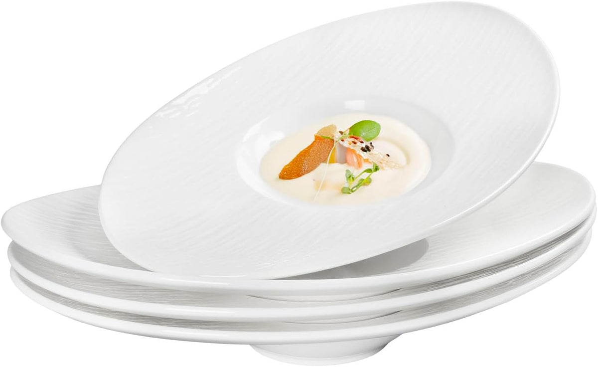 Soup Plates Fine Soup bowls Set of 4, 10.5 Inch Ceramics Oval Rimmed Small Mouth Pasta Plates, for high end restaurants and best choice for gourmets, Modern and stylish tableware
