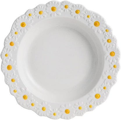 WAYUTO Ceramic Daisy Flat Plate Embossed Dessert Dish Small Daisy Edge Relief Dinnerware Steak Plate Irregular Dining Dish for Soup Crockery Kitchen Decoration Tableware Household Wedding