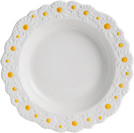 WAYUTO Ceramic Daisy Flat Plate Embossed Dessert Dish Small Daisy Edge Relief Dinnerware Steak Plate Irregular Dining Dish for Soup Crockery Kitchen Decoration Tableware Household Wedding