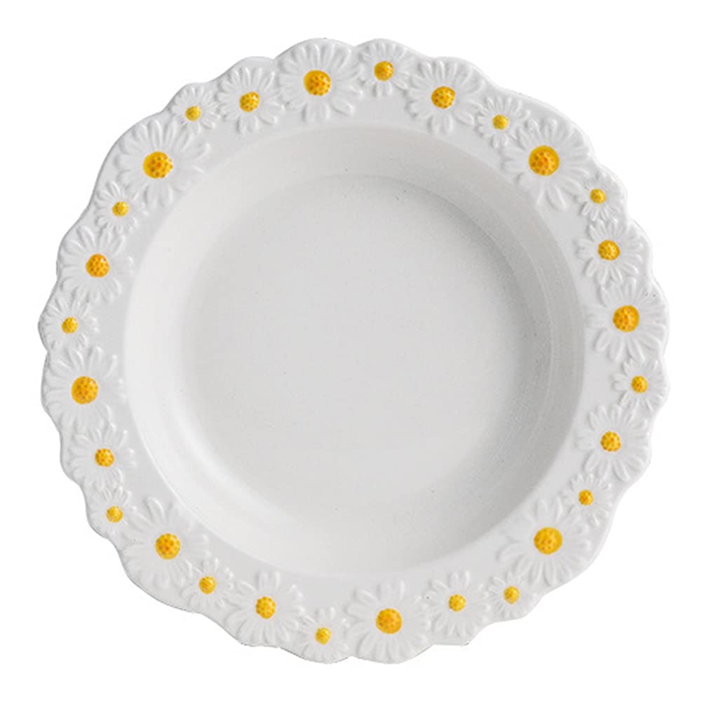 WAYUTO Ceramic Daisy Flat Plate Embossed Dessert Dish Small Daisy Edge Relief Dinnerware Steak Plate Irregular Dining Dish for Soup Crockery Kitchen Decoration Tableware Household Wedding