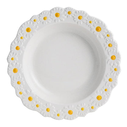 WAYUTO Ceramic Daisy Flat Plate Embossed Dessert Dish Small Daisy Edge Relief Dinnerware Steak Plate Irregular Dining Dish for Soup Crockery Kitchen Decoration Tableware Household Wedding