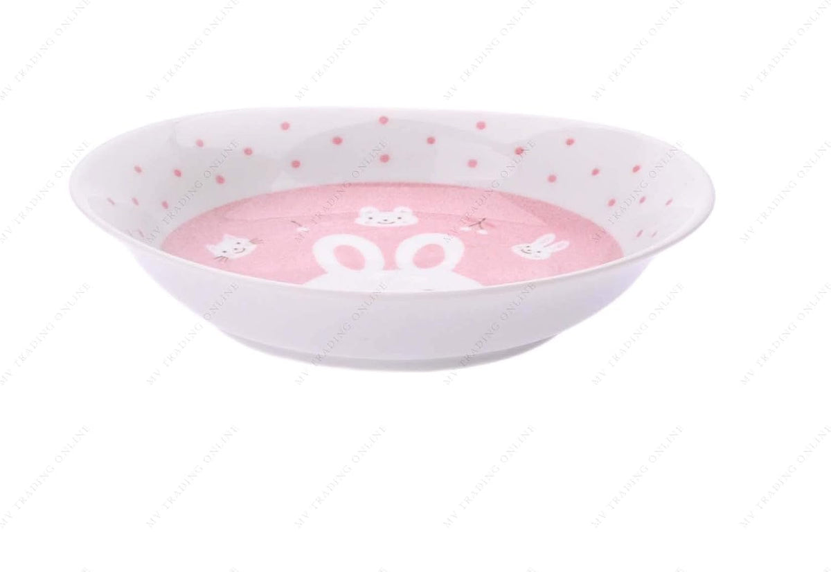 M.V. Trading MV0314A1PK Japanese Oval Deep Soup Dish with Bunny Design, 7¾ x 7-Inch, Pink, Sold as 4 Plates