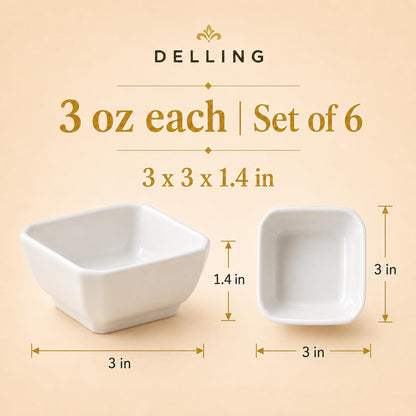 DELLING 3 Oz Ceramic Dipping Bowls Set of 6, Porcelain Soy Sauce Dish - White Dip Bowls for Charcuterie Board Cups, Small Sauce Cups for Condiment Ketchup BBQ, Dipping Sauce Cups Dishwasher Safe