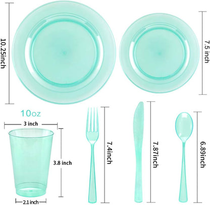 WDF 25 Guest Green Plastic Plates with Disposable Silverware&Green Cups-Neon Clear Plastic Dinnerware include 25 Dinner & Salad Plates,25 Forks, 25 Knives, 25 Spoons,25 Cups for Party
