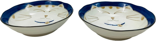 JapanBargain 2562, Japanese Porcelain Soup Bowls Shallow Bowl for Cereal Rice Salad Appetizer and Dessert, Blue Color Maneki Neko Smiling Lucky Cat Pattern, Made in Japan, 6-1/2 inch, Pack of 2