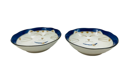JapanBargain 2562, Japanese Porcelain Soup Bowls Shallow Bowl for Cereal Rice Salad Appetizer and Dessert, Blue Color Maneki Neko Smiling Lucky Cat Pattern, Made in Japan, 6-1/2 inch, Pack of 2