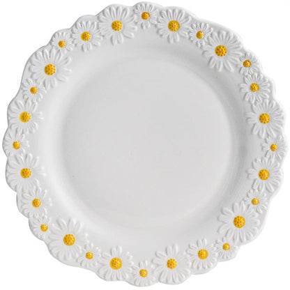 WAYUTO Ceramic Daisy Flat Plate Embossed Dessert Dish Small Daisy Edge Relief Dinnerware Steak Plate Irregular Dining Dish for Soup Crockery Kitchen Decoration Tableware Household Wedding