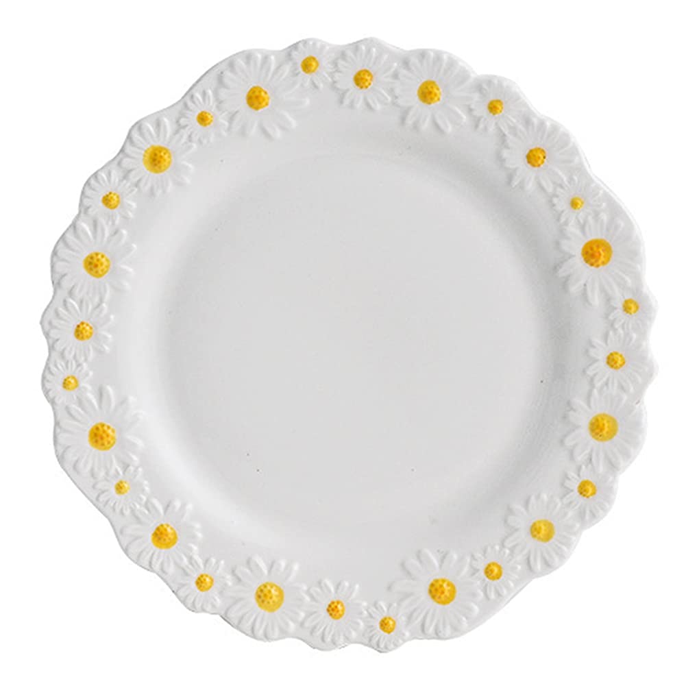 WAYUTO Ceramic Daisy Flat Plate Embossed Dessert Dish Small Daisy Edge Relief Dinnerware Steak Plate Irregular Dining Dish for Soup Crockery Kitchen Decoration Tableware Household Wedding