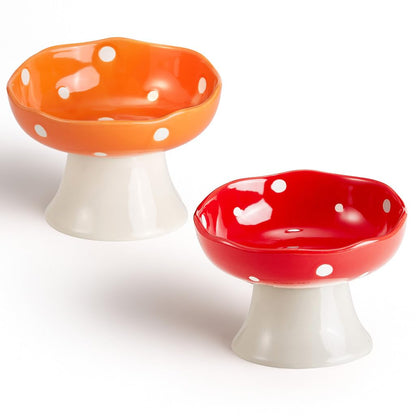 Pink Mushroom Cat Bowl, Elevated Ceramic Feeding Bowl