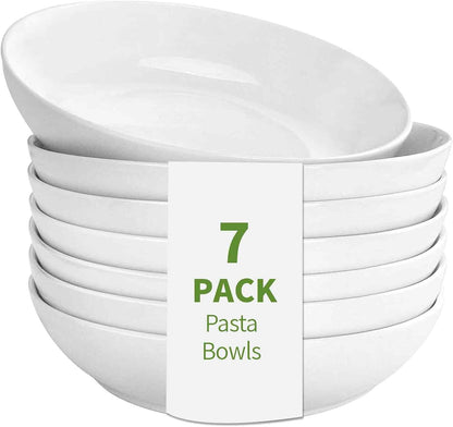 DeeCoo 7 Pack Porcelain Pasta Bowls Ceramic , Large Serving Bowl, Wide and Shallow, Set 8.3 Inch - 30 Ounce - for Pasta, Salad, Cereal, Soup & Microwave & Dishwasher Safe