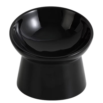 Raised Ceramic Cat Food Bowl - Elevated Base, Tilted, Anti Vomit - Whisker Friendly Shallow Wide Feeding Bowl - Microwave and Dishwasher Safe