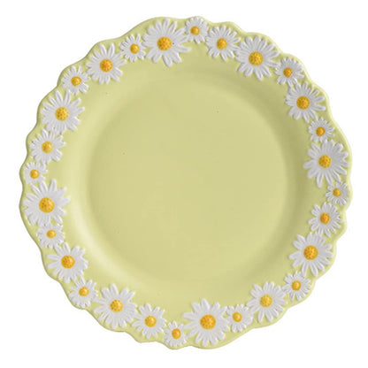 WAYUTO Ceramic Daisy Flat Plate Embossed Dessert Dish Small Daisy Edge Relief Dinnerware Steak Plate Irregular Dining Dish for Soup Crockery Kitchen Decoration Tableware Household Wedding