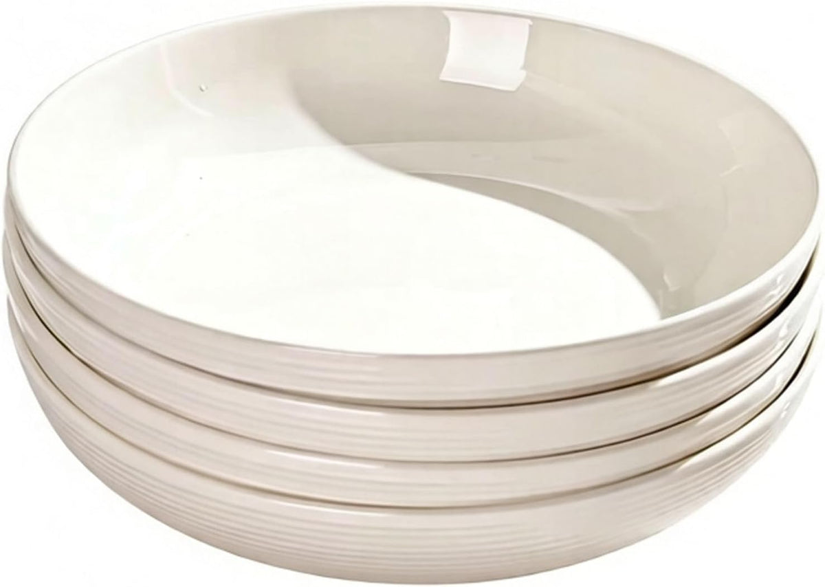 White Ceramic Pasta Bowls Set of 4, 8.7 Inch Large Deep Salad Plates with Textured Rim, Wide Shallow Soup Bowls, Microwave & Dishwasher Safe Porcelain Dinner Plates for Kitchen Dining