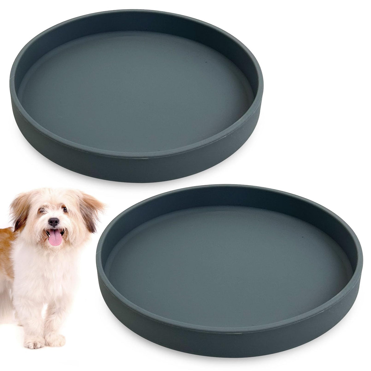 Silicone Cat Food Bowl Shallow Dishes 5.9in Wide Cats Bowls Set of 2 Kitty Plates Relief Whisker Fatigue Puppy Feeding Bowl for Dry Food and Wet Food Indoor (Round Green)