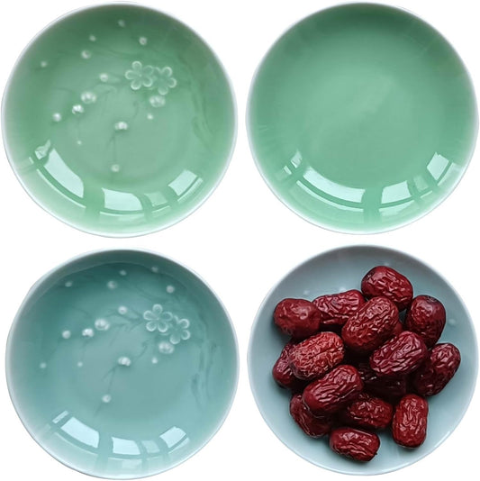 Longquan Celadon 4-inch Appetizer Plate,Vinegar Dish,Sushi Dipping Saucers,Ceramic Dessert Dishes,Natural Mineral Glaze 4 pcs(4 celadon)