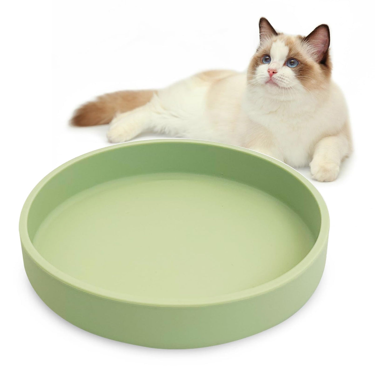 Silicone Cat Food Bowl Shallow Dishes 5.9in Wide Cats Bowls Set of 2 Kitty Plates Relief Whisker Fatigue Puppy Feeding Bowl for Dry Food and Wet Food Indoor (Round Green)