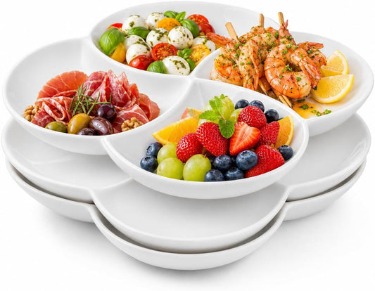 ZENFUN Set of 3 Porcelain Appetizer Platter with 4 Compartment, Flower-shaped Candy and Nut Serving Tray Snack Serving Plate Dishes for Vegetables, Fruit, Dessert, 10'' x 10'', White
