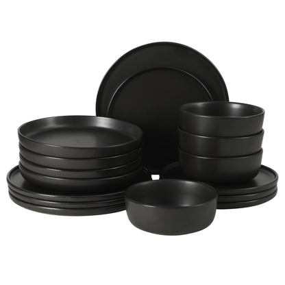 Gibson Elite Tribeca Loft 16-Piece Dinnerware Set – Matte Black and Blue Reactive Glaze Stoneware, Double Bowl Round Plates and Bowls – Modern Rustic Dinnerware for 4, Dishwasher & Microwave Safe
