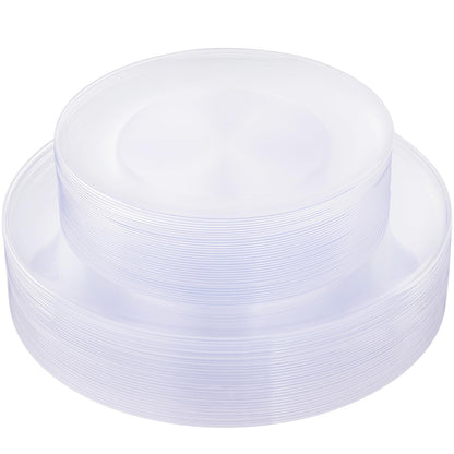 KIRE 100PCS White Plates with Gold Trim - Plastic Disposable Plates - Includes 50Pieces 10.25inch Dinner and 50Pieces 7.5inch Dessert/Salad Plastic Plate for Wedding Receptions/Party/Thanksgiving