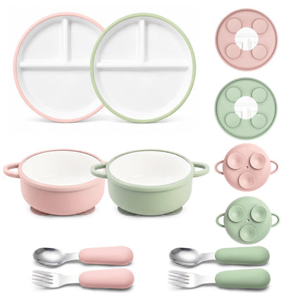 Daximo 8 Pcs Ceramic Baby Plates Set with Suction Sleeves, Spoons & Forks