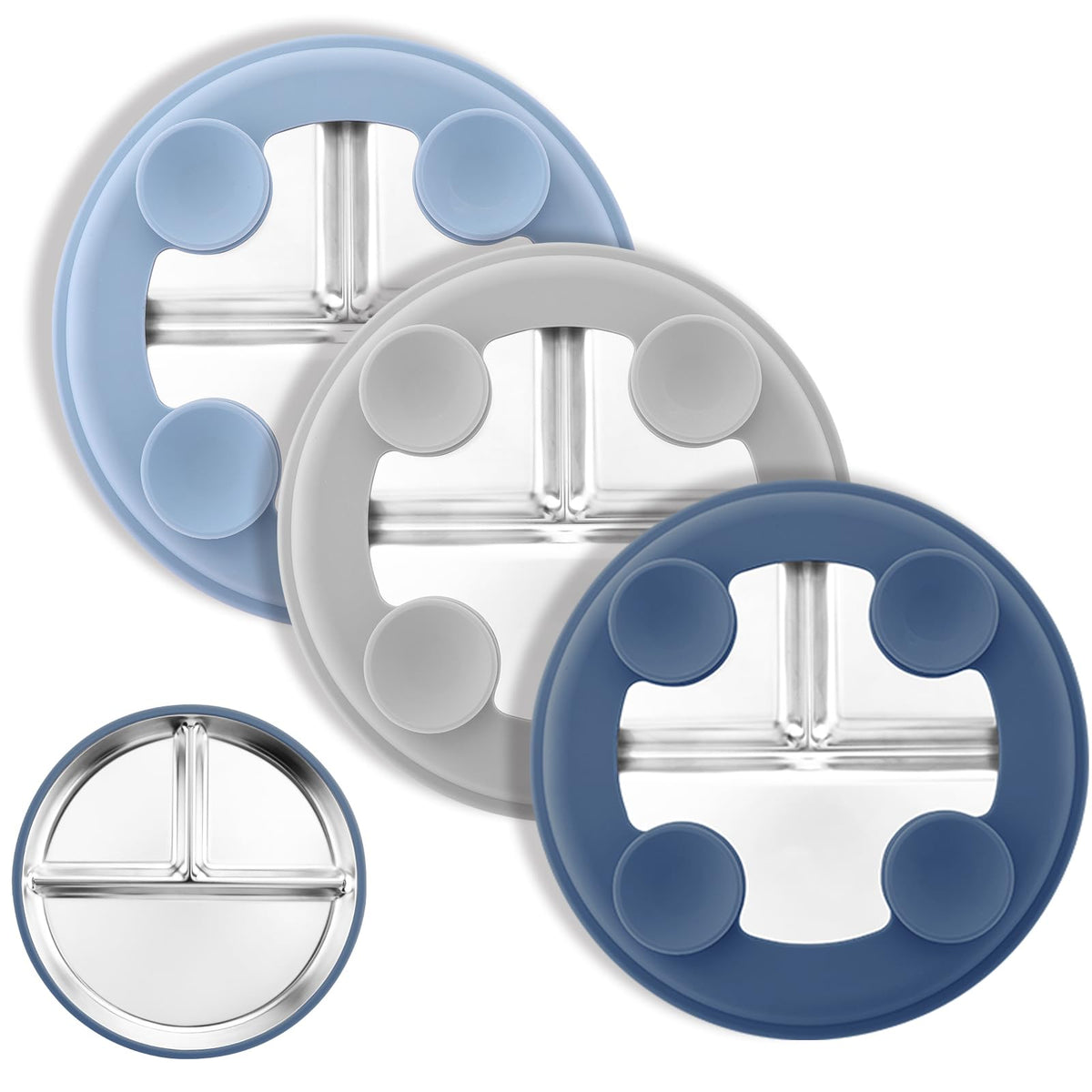 Bakpoco Stainless Steel Suction Plates for Toddlers, 8" Divided Kids Baby Plates with Removable Silicone Suction, Non Toxic Non Slip Portion Control Snack Dishes 3 Packs, Blue Gray Beige