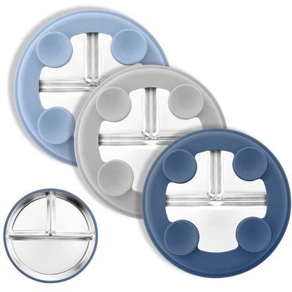 Bakpoco Stainless Steel Suction Plates for Toddlers, 8" Divided Kids Baby Plates with Removable Silicone Suction, Non Toxic Non Slip Portion Control Snack Dishes 3 Packs, Blue Gray Beige