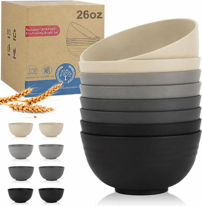 Wrova Wheat Straw Bowls Set 60 OZ Unbreakable Large Cereal Bowls Set of 6 Microwave and Dishwasher Safe Bowls Big Bowls for Camping and Picnic BPA Free Soup Bowl for Serving Oatmeal and Salad. Black