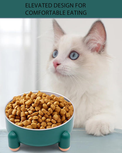 Elevated Cat Bowl Stainless Steel - Raised Cat Food Bowl, Anti Vomiting Whisker Friendly Shallow Dish, 3 Cups (24 oz) Non-Slip Dishwasher Safe for Indoor Cats Senior Kitten (Green, 1-Pack)