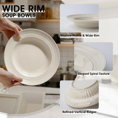 Wide Rim Soup Bowls Set of 4, 11 oz, 8 Inch Cream Beige