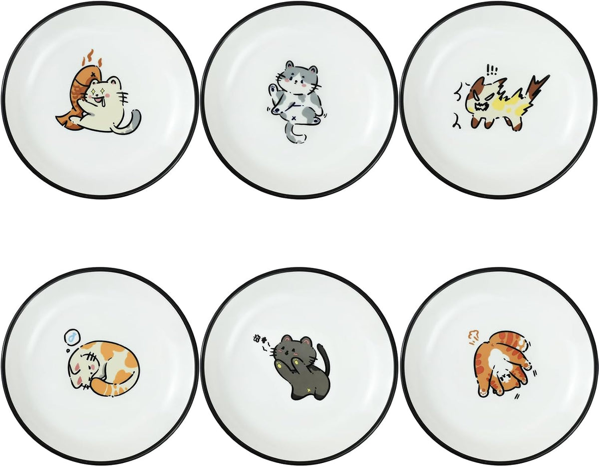 SOCOSY Super Cute Cartoon Animal Ceramic Sauce Dishes, Seasoning Dishes, Little Cat Dog Bird Feeding Bowls, Sushi Soy Dipping Bowls, Appetizer Plates, Dessert Plates, Set of 6-Cats-5 Inch