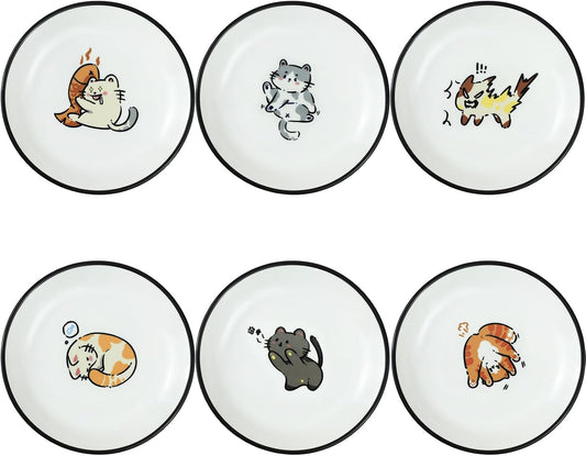 SOCOSY Super Cute Cartoon Animal Ceramic Sauce Dishes, Seasoning Dishes, Little Cat Dog Bird Feeding Bowls, Sushi Soy Dipping Bowls, Appetizer Plates, Dessert Plates, Set of 6-Cats-5 Inch