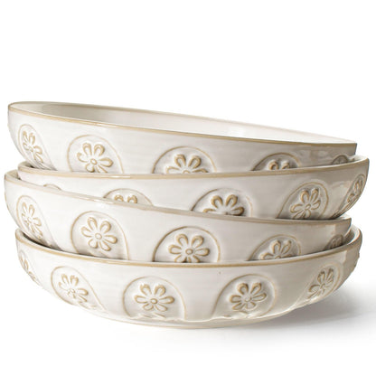 Artena Pasta Bowls, 50oz Large Salad Serving Bowls, 9.75'' Plates Bowl Set of 4, Big White Ceramic Soup Bowl for Kitchen, Embossment Shallow Dinner Bowl, Microwave Dishwasher Safe, Damask Floral