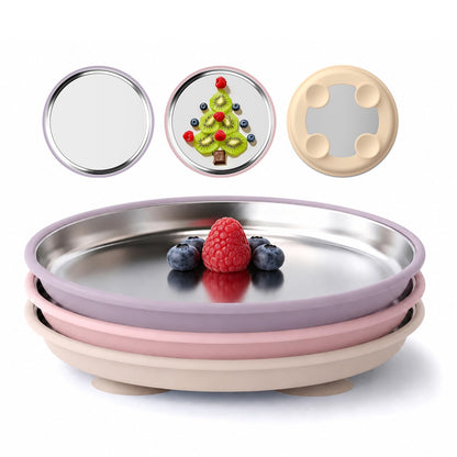 Bakpoco Stainless Steel Suction Plates for Toddlers, 8" Divided Kids Baby Plates with Removable Silicone Suction, Non Toxic Non Slip Portion Control Snack Dishes 3 Packs, Blue Gray Beige