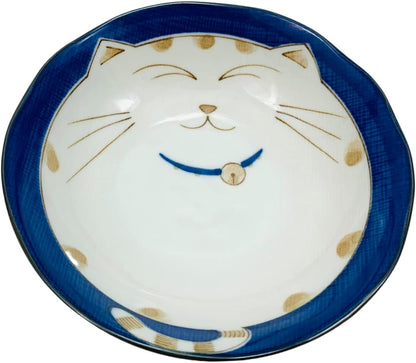 JapanBargain 2562, Japanese Porcelain Soup Bowls Shallow Bowl for Cereal Rice Salad Appetizer and Dessert, Blue Color Maneki Neko Smiling Lucky Cat Pattern, Made in Japan, 6-1/2 inch, Pack of 2