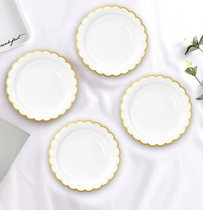HEIPINIUYE 50 Pieces White Paper Plates with Gold Foil 7 Inch Disposable White Scalloped Dinner Plates for Wedding Baby Shower Birthday Party Dessert Plate