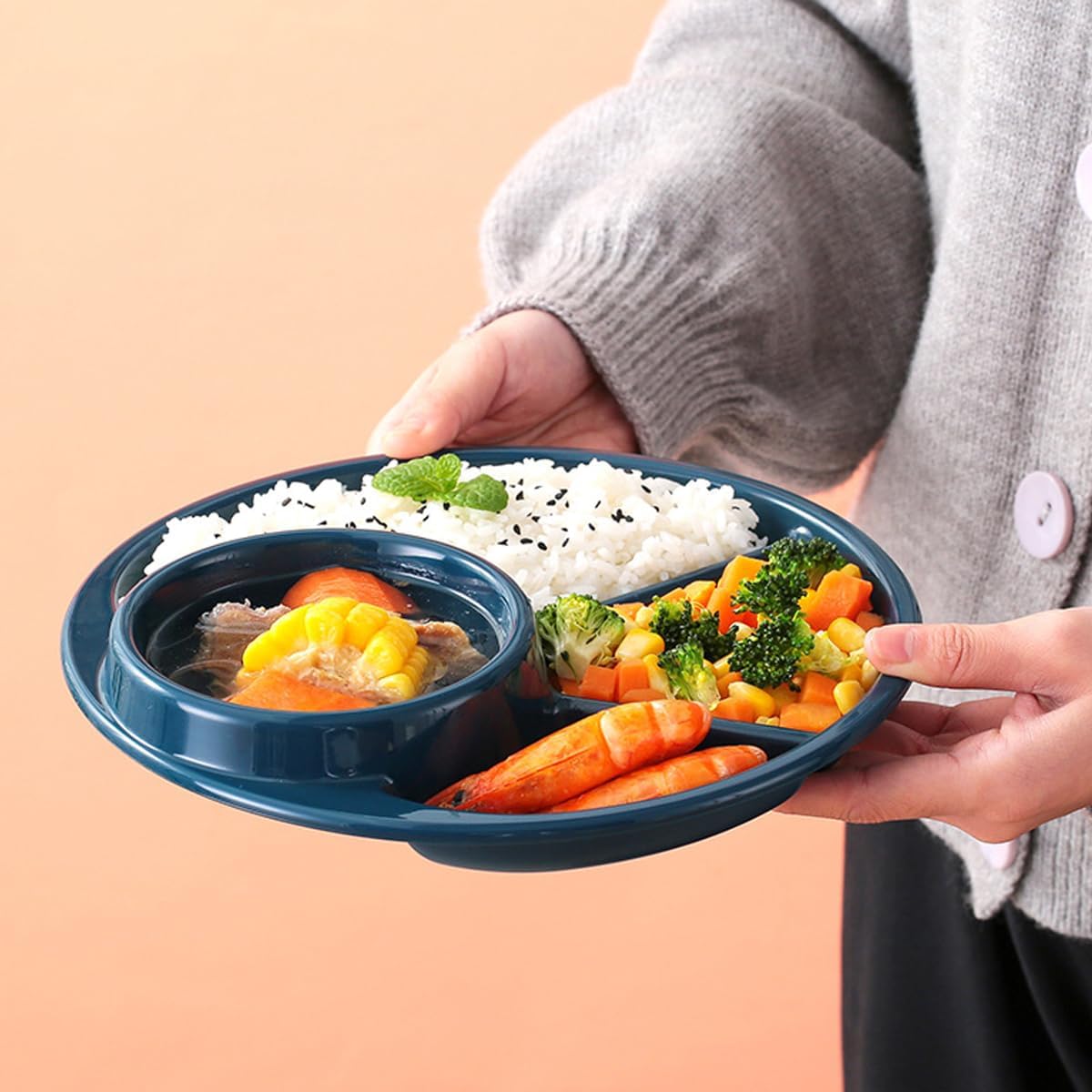 Unbreakable Divided Plates for Adults Portion Control Plates Set of 2 Dark Blue Round Plastic Dinner Plate 9 Inch for Camping Outdoor or Every Day Use
