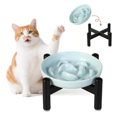 Ceramic Slow Feeder Cat Bowl, 6.3'' Wide Whisker Friendly Cat Puzzle Feeder