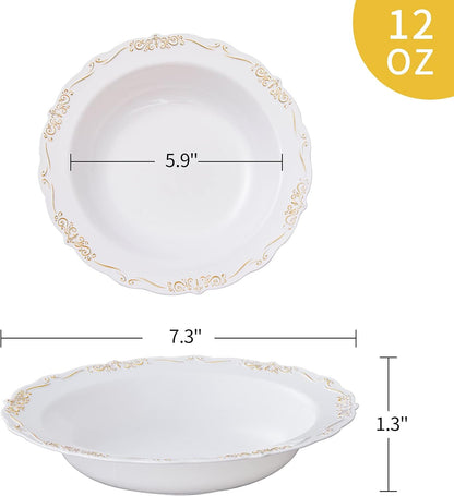 N9R 30PCS Disposable Plastic Soup Bowls, 12 oz Fancy White Gold Relief Bowl
