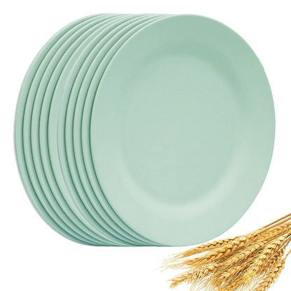 Set of 10 Large Dinner Plates 11 Inch, Reusable Wheat Straw Dessert Dishes, Round Pasta Salad Serving Plate, Unbreakable Kids Fiber Tableware for Party Steak Pizza (Beige)