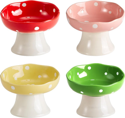 Pink Mushroom Cat Bowl, Elevated Ceramic Feeding Bowl