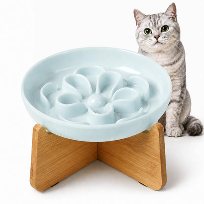 Melamine Cat Slow Feeder Bowl Set - Floral Maze Food Dishes for Cats and Small Dogs - Shallow Wide Plates for Dry & Wet Food - 3 Pack - White & Green & Blue