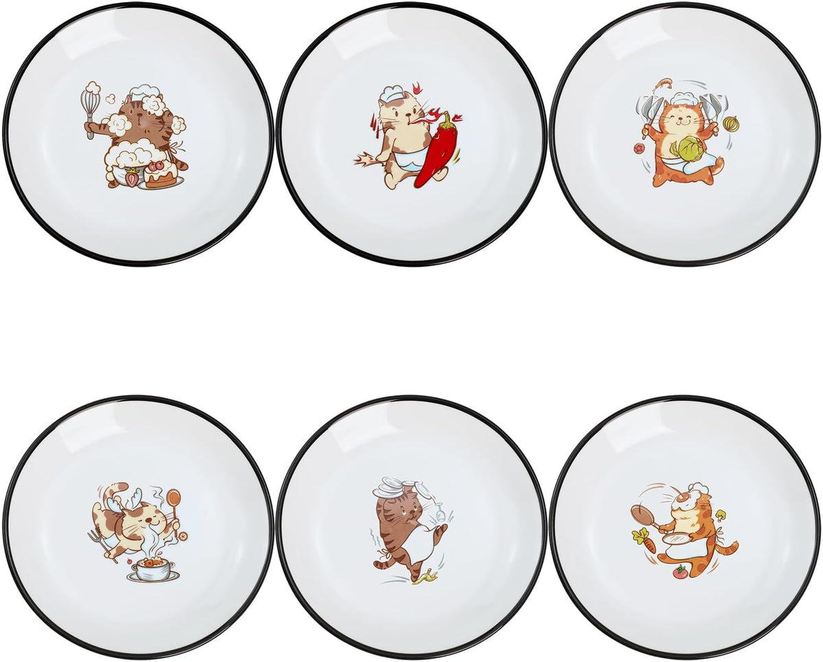 Funny Fidgety Chef Cat Pattern Ceramic Sauce Dishes, Seasoning Dishes, Sushi Soy Dipping Bowls, Appetizer Plates, Dessert Plates, Bird Feeding Bowls, Set of 6 - 5 Inch