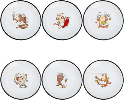 Funny Fidgety Chef Cat Pattern Ceramic Sauce Dishes, Seasoning Dishes, Sushi Soy Dipping Bowls, Appetizer Plates, Dessert Plates, Bird Feeding Bowls, Set of 6 - 5 Inch