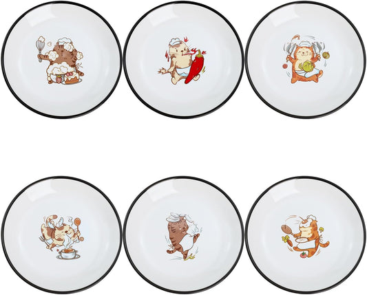 Funny Fidgety Chef Cat Pattern Ceramic Sauce Dishes, Seasoning Dishes, Sushi Soy Dipping Bowls, Appetizer Plates, Dessert Plates, Bird Feeding Bowls, Set of 6 - 5 Inch