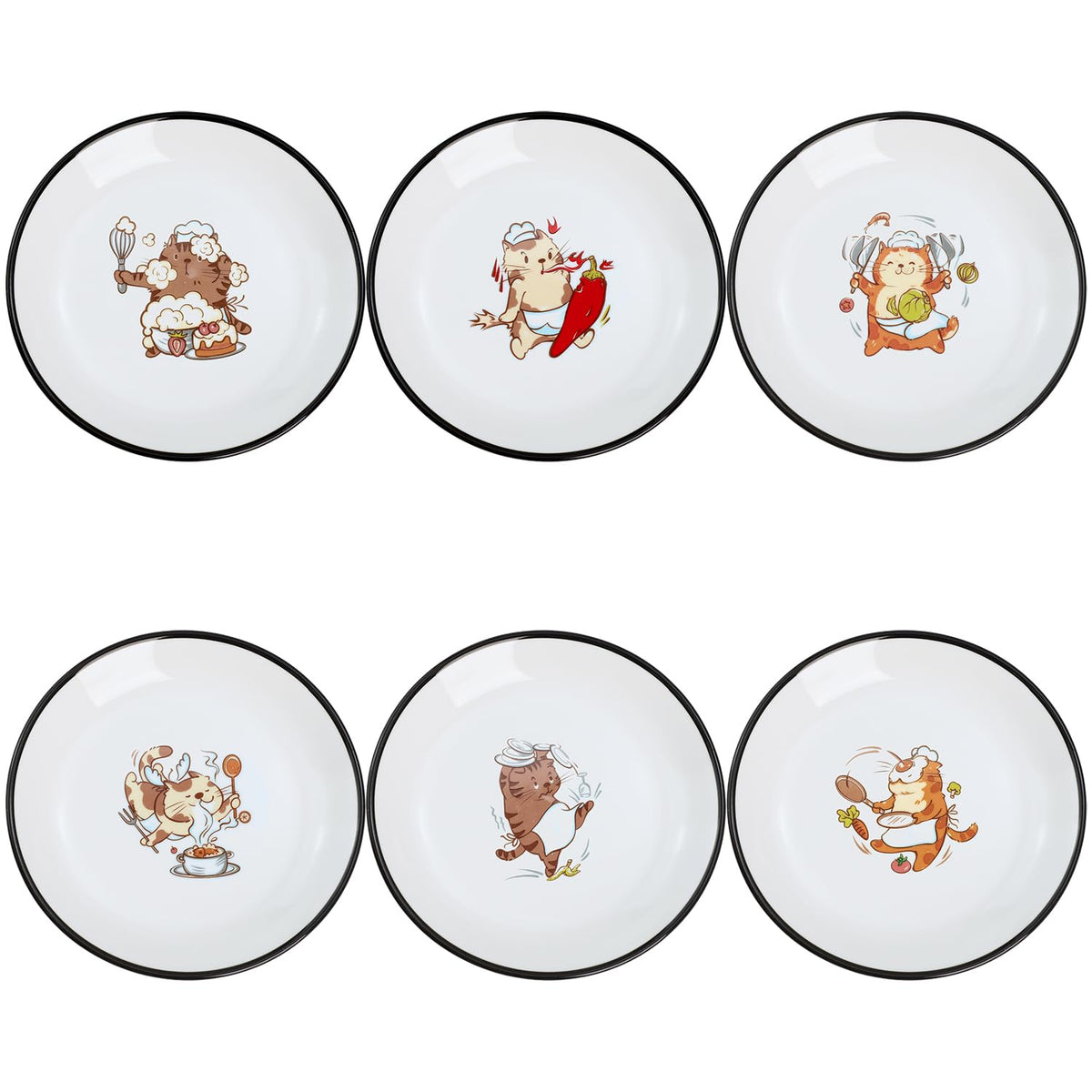 Funny Fidgety Chef Cat Pattern Ceramic Sauce Dishes, Seasoning Dishes, Sushi Soy Dipping Bowls, Appetizer Plates, Dessert Plates, Bird Feeding Bowls, Set of 6 - 5 Inch