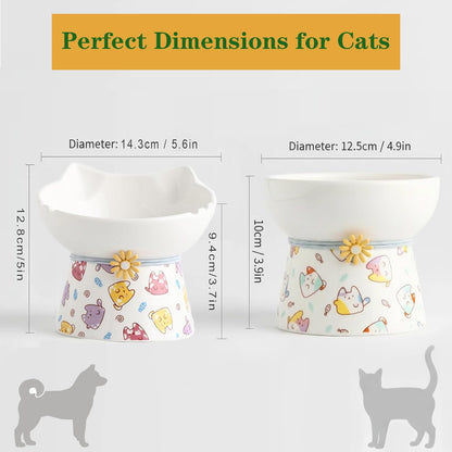 Elevated Ceramic Cat Bowls，15° Tilted Raised Cat Food Bowl, Anti Vomiting Pet Feeder, Protect Pet's Spine, Feeding Dish for Indoor Kittens and Small Dogs,（ Cat Pattern）
