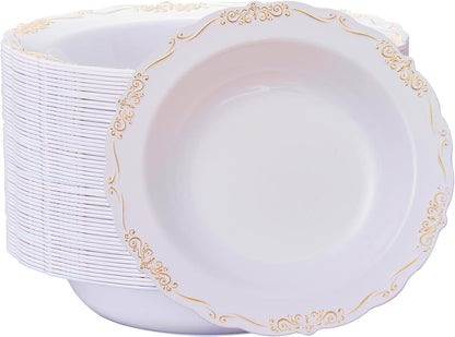 N9R 30PCS Disposable Plastic Soup Bowls, 12 oz Fancy White Gold Relief Bowl